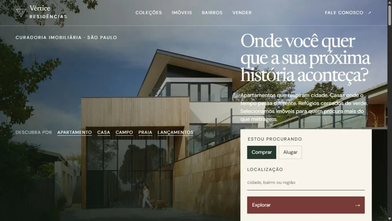 Página inicial do projeto Vértice Residências